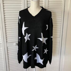 Oversized Starry‎ Sky black and white cotton blend tunic length sweater Vneck L